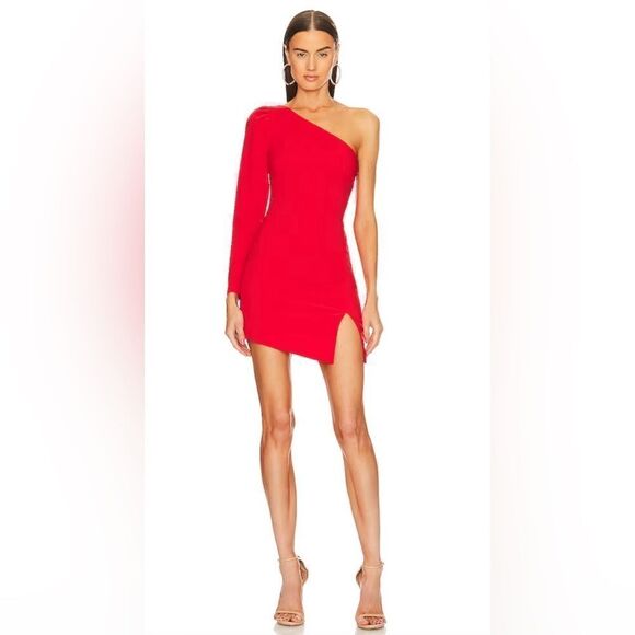 Michael Costello x REVOLVE Fabian Mini Dress in Red One Shoulder Minimalist L - Picture 1 of 14